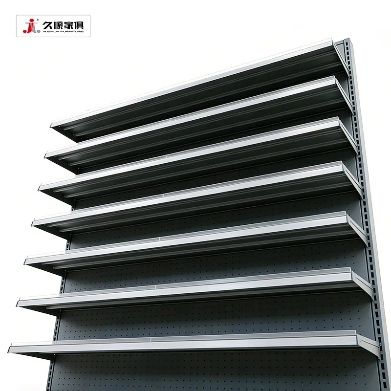 custom.JIUSHUN Customized Gondola Shelf Display Metallic Single Side Retail Shelves Supermarket