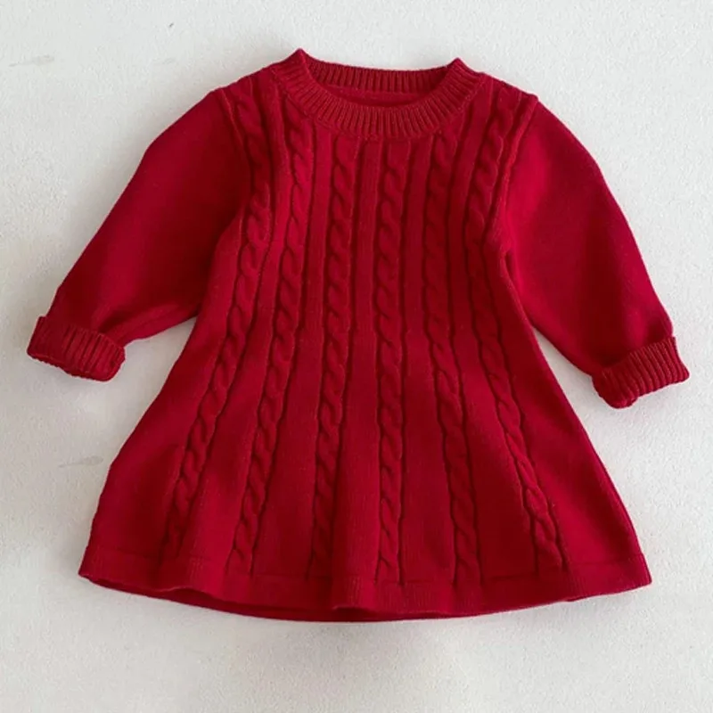 

The new Korean version of the girl long -sleeved knitted dress spring and autumn girl children's knitted hoods, old baby dress