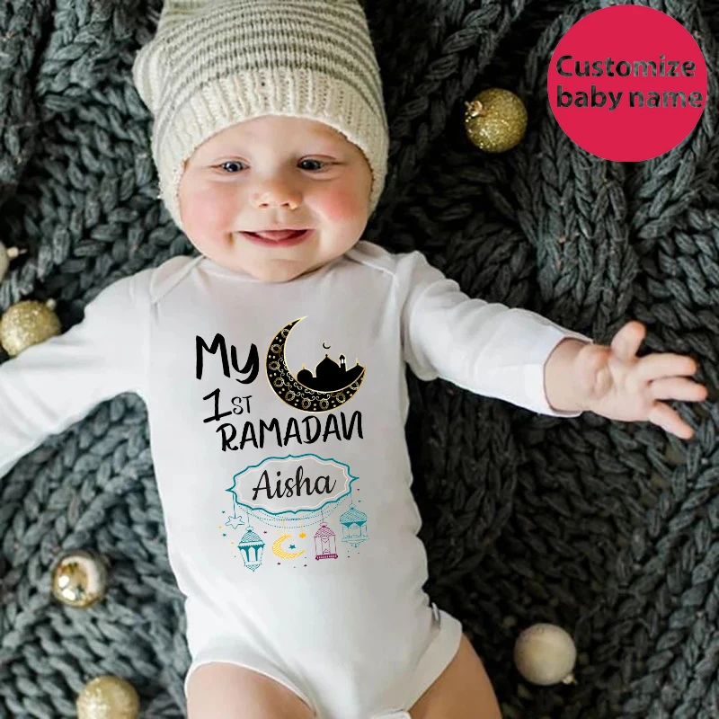 

Custom Name 1st Ramadan Baby Bodysuits Personalized Infant Baby Jumpsuits Eid Boys Girls Clothes Isiamic Muslim Holiday Outfits