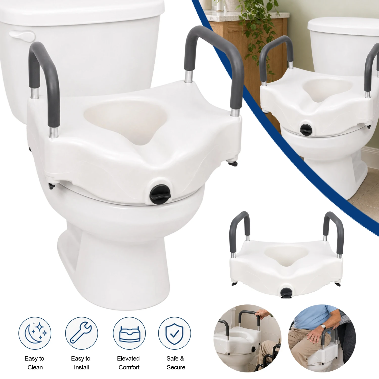 Siège de toilette surélevé standard, avec accoudoirs rembourrés, support pour siège de toilette surélevé, accessibilité pour salle de bain, capacité de 5 pouces, 300 livres, pour toilettes rondes, support pour salle de bain.
