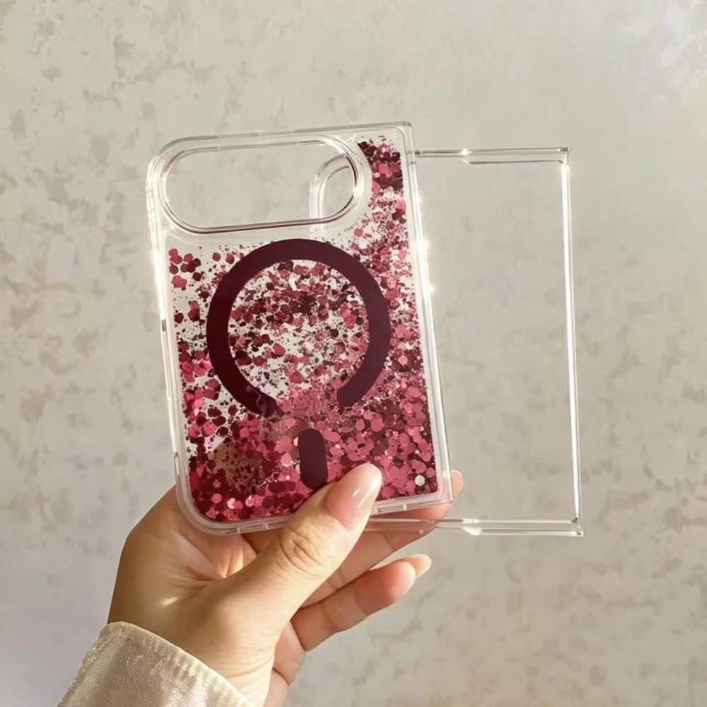 Funda de arena movediza líquida para iPhone Duo, con diseño magnético, plegable, de TPU, resistente a los golpes, con purpurina y brillo, y compatible con carga inalámbrica.