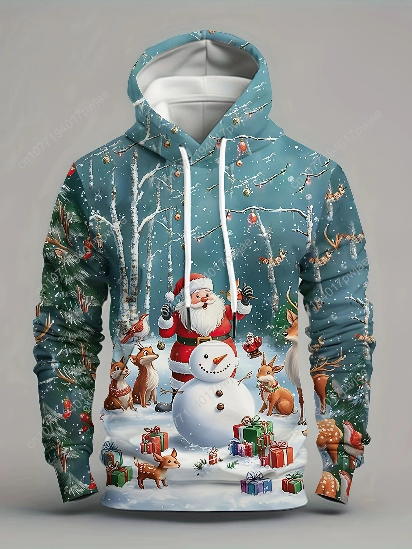

Рождественский Санта со снеговиком, графический принт, мужская уютная толстовка с длинными рукавами и завязками, мужской повседневный пуловер с капюшоном Sw