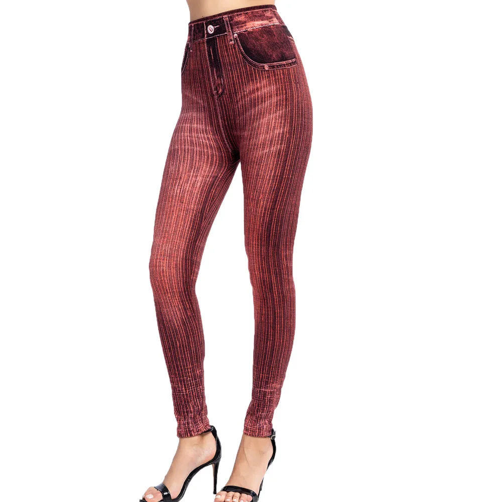 Autumn Vertical Striped Imitation Denim Leggings Slimming Hip Lifting Cropped Pants