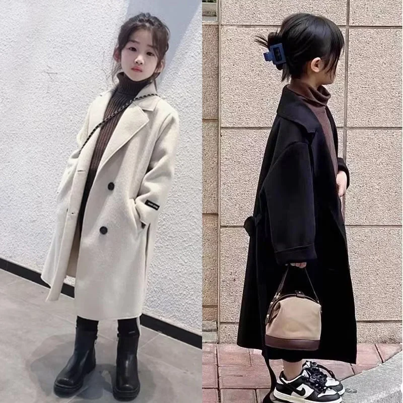 

Girls Woolen Jackets Children Winter Thick Warm Long Coats 4-12 Years Kids Turn-down Collar Outerwear Teenager Fashion Clothing