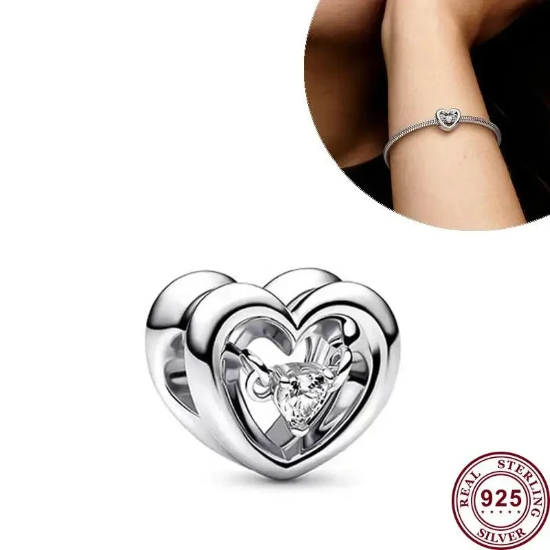 New Hot 925 Silver Shining Heart To Heart Connection Original Women's Padlock Logo Charm Used For Bracelet Pendant DIY Jewelry