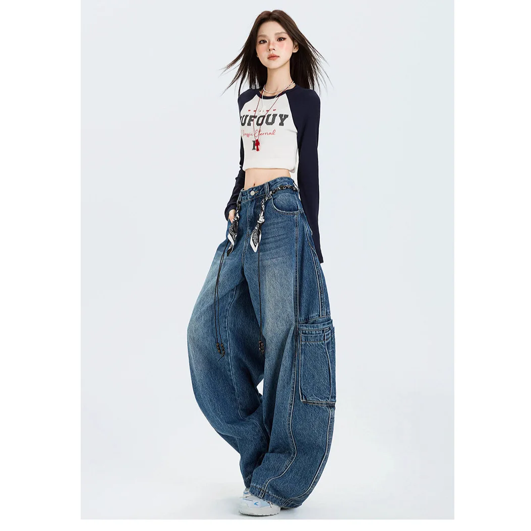 

2026 New American Style Women's Jeans Wide Loose Colorful Straight Leg Workwear Denim Pants