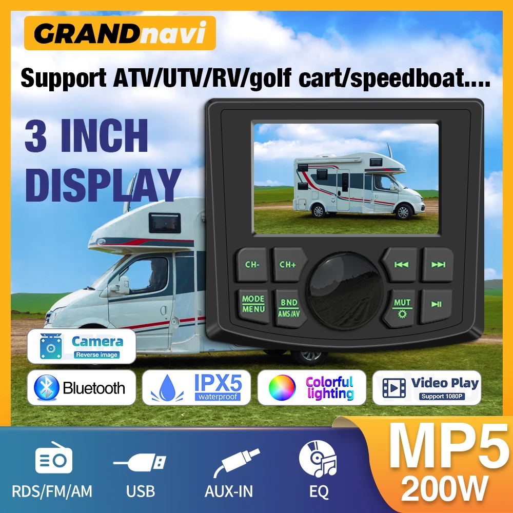 GRANDnavi Marine Stereo Boat MP5 Radio Waterproof IPX5 AUX Bluetooth FM AM RDS Audio For Yacht ATV UTV RV Golf Cart Speedboat