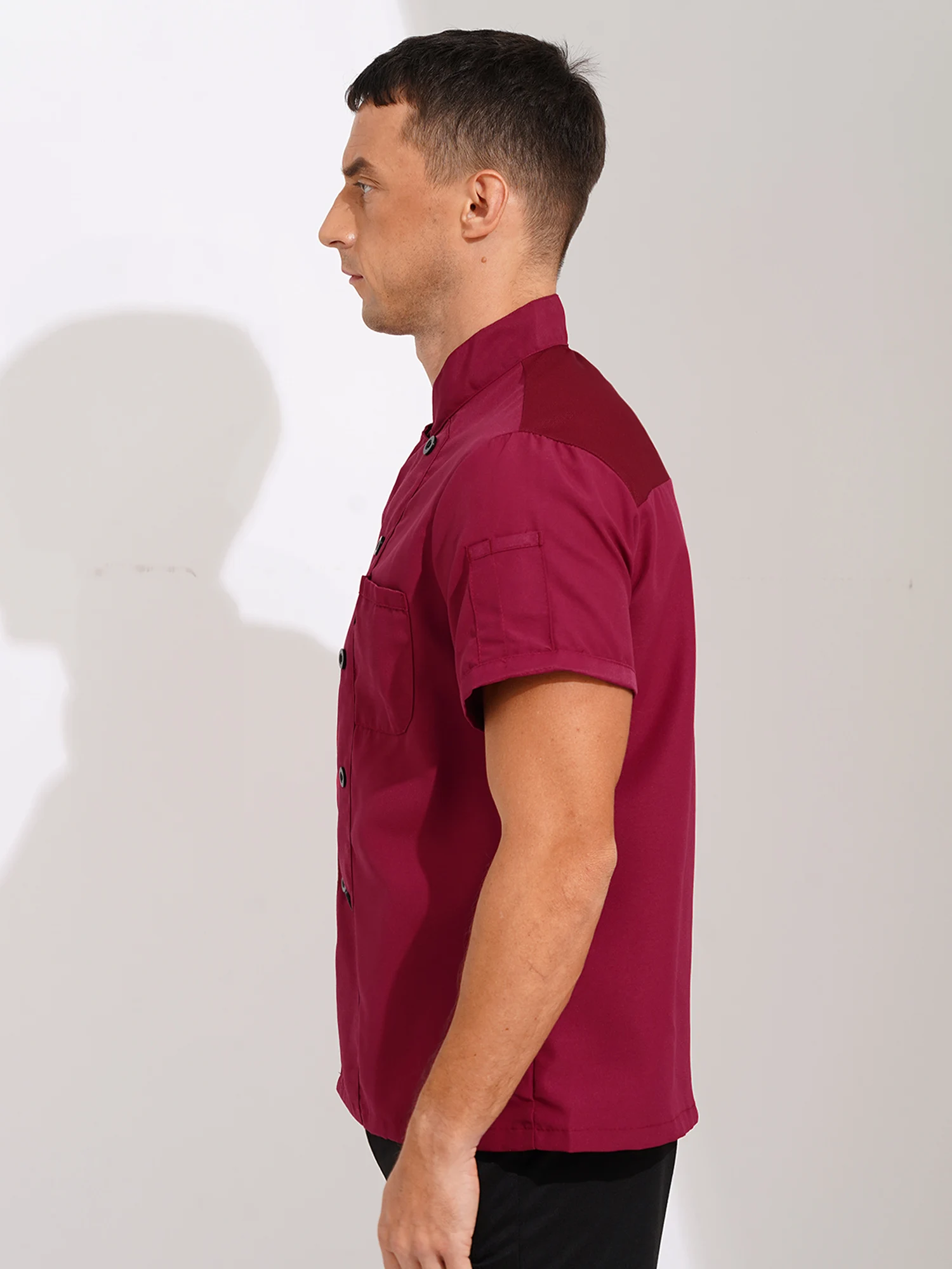 Uniforme de cuisinier de Restaurant de cantine pour hommes et femmes, veste de Chef à manches courtes, col montant, manteau de Chef de restauration d'hôtel, chemise de travail, vêtements de travail