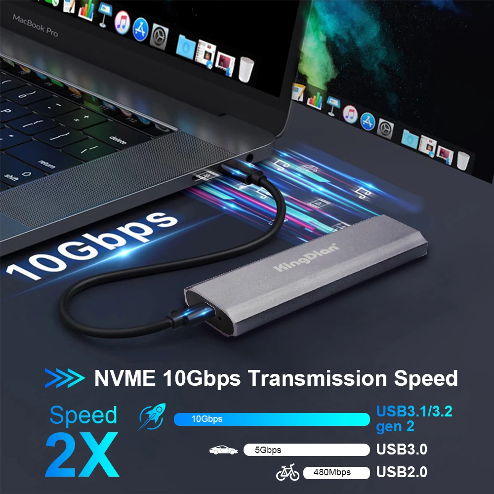 KingDian Aluminum M.2 NVME SSD External Hard Drive Portable SSD 1TB 2TB,(B+M) Key, Support UASP for 2230/2242/2260/2280