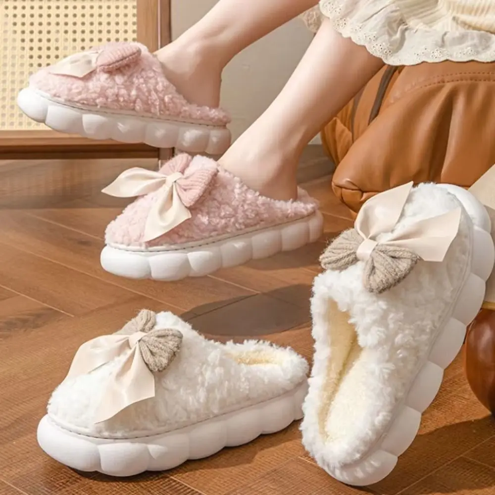

Comfort Anti Slip Warm Fur Slippers Student Flat Heel Winter Warm Slippers Bedroom Home Fluffy Bow Slippers Girls