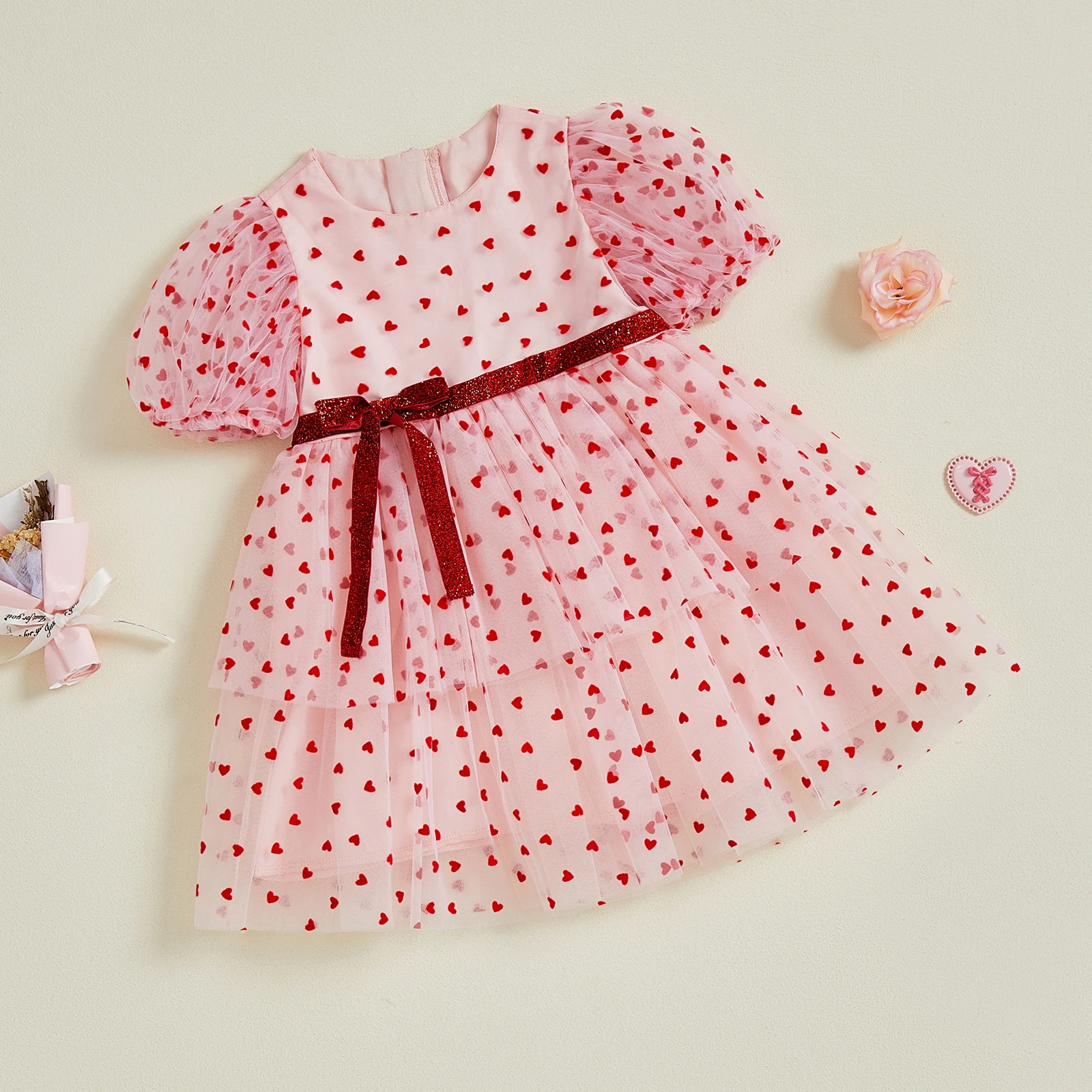 

Tregren От 1 до 5 лет платье трапециевидной формы с принтом сердца для маленьких девочек, милое тюлевое платье принцессы с короткими рукавами и пузырьками на День святого Валентина