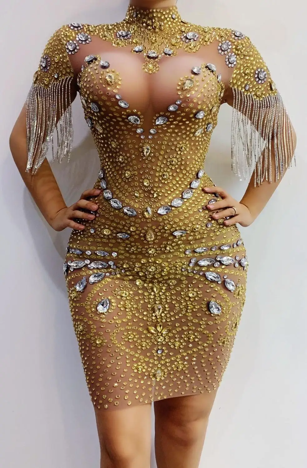 Shiny Gold Rhinestones Fringe Bodycon Short Dress Women Birthday Prom Evening Party Crystal Mesh Dresses Singer Sexy Stage Wear