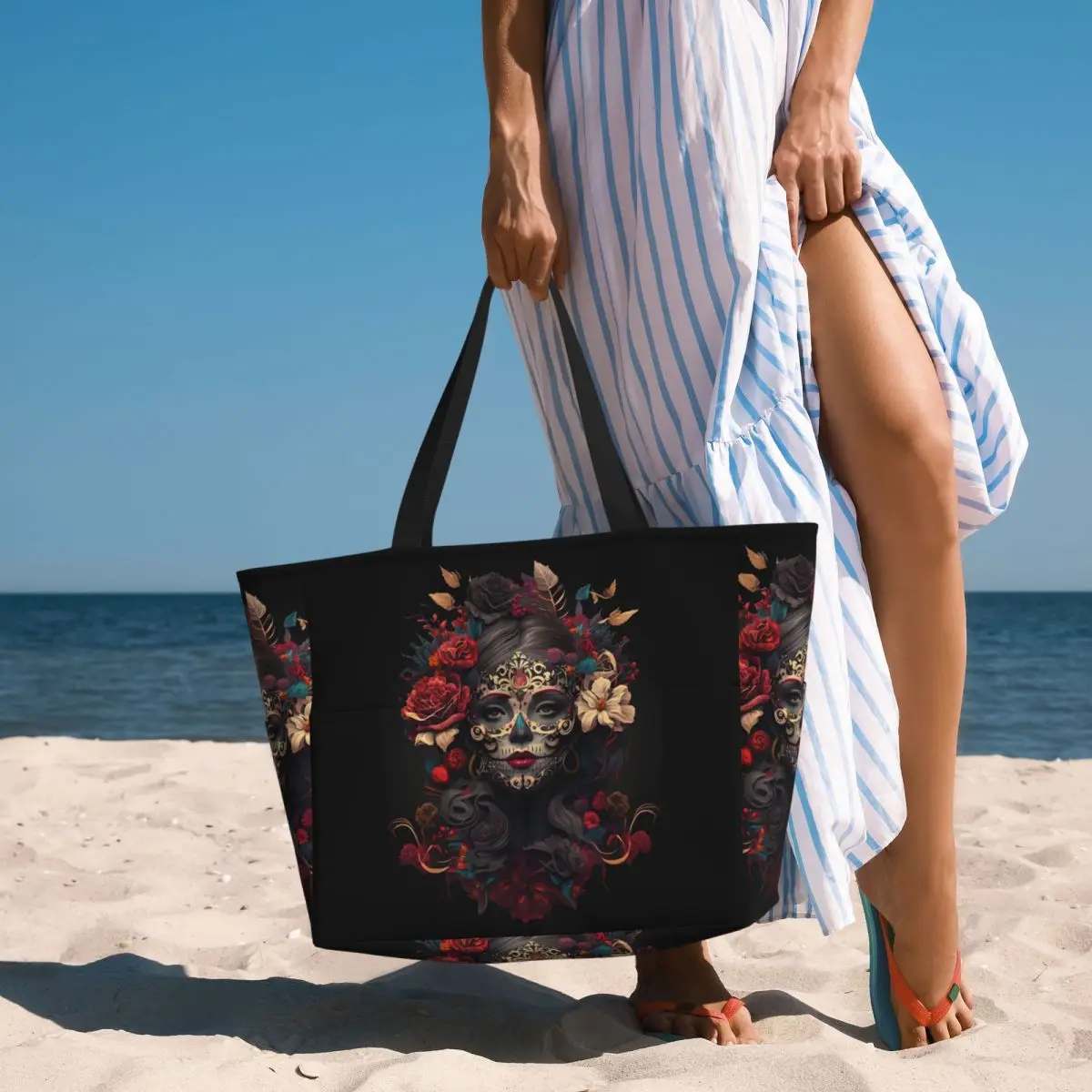 

Mexican Catrina Girl Day Of The Dead Sugar Skull Beach Tote Bag Sport Gym Duffle Large Tote Bag Women Travel Bag Fitness bag