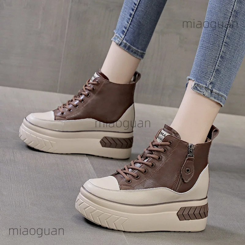 Zapatos de moda para mujer, de caña alta, con suela de cuero suave, plataforma gruesa de 8 cm, botines de tacón bajo y tacón oculto, ideales para la primavera y el otoño.