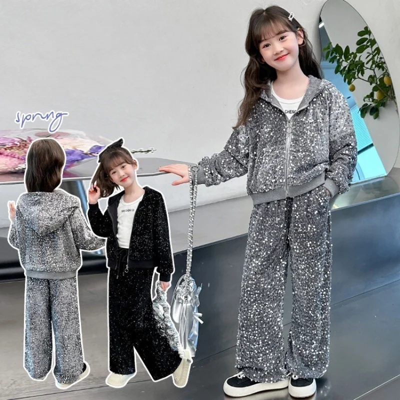 Girls Coat+Pants Kids Suits 2PCS/Set Cotton 2024 Dazzling Spring Autumn Cotton Tracksuit Sport Suits Children Clothing