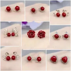 Natural Cinnabar Earrings Chinese Carved Rose Flowers Butterfly Ear Stud Lucky Amulet Temperament Fashion Jewelry Ladies Gifts