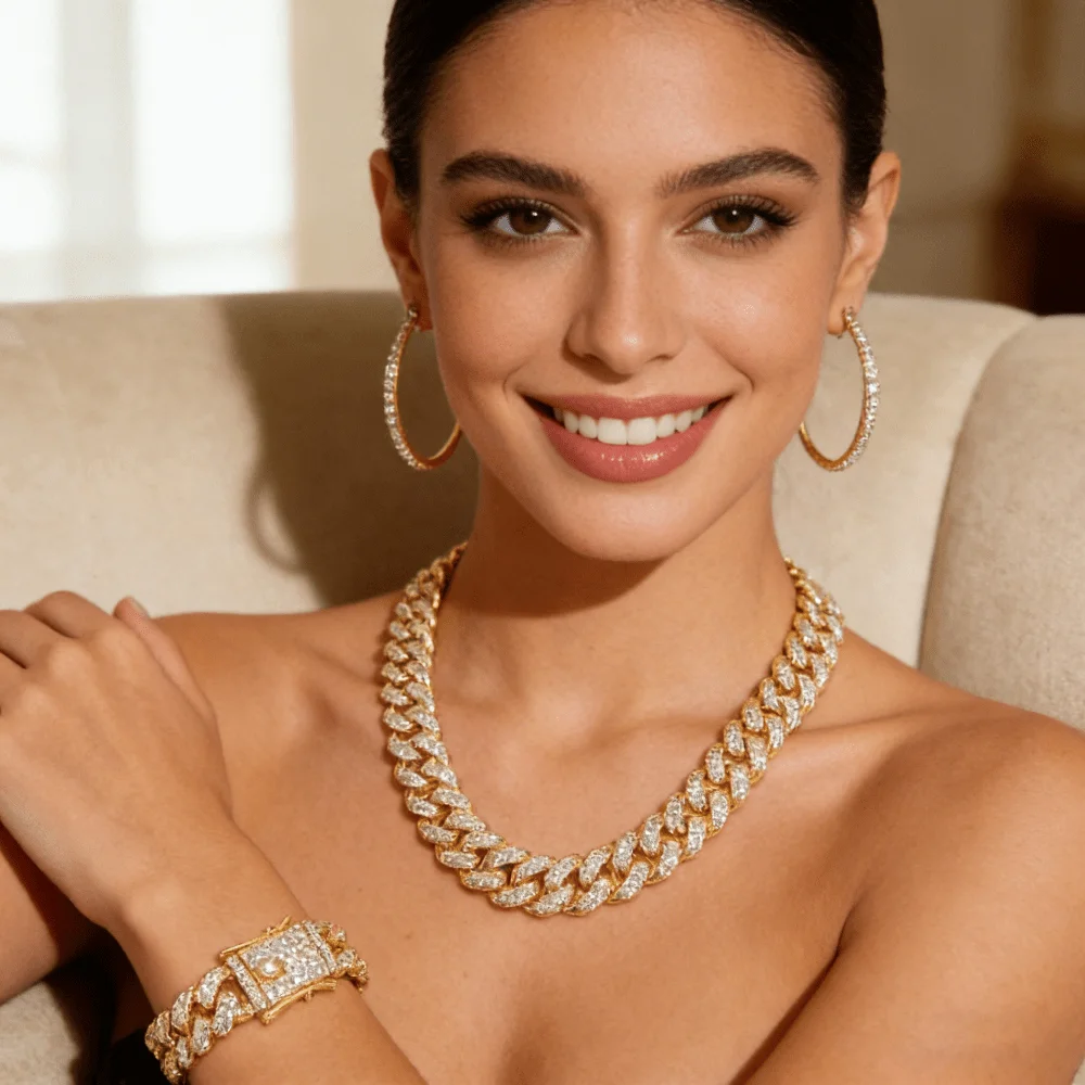 

3 Pcs Hip Hop Jewelry Set Cuban Chain Necklace Link Bracelet Round Hoop Earrings Rhinestone Party Accessory for Ladies