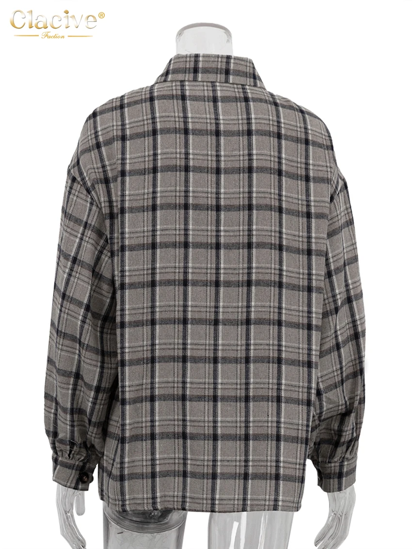 Clacive Fashion Loose Plaid Cotton Women Shirts 2025 Casual Lapel Long Sleeve Shirt Elegant Classic Pockets Top Female Clothing