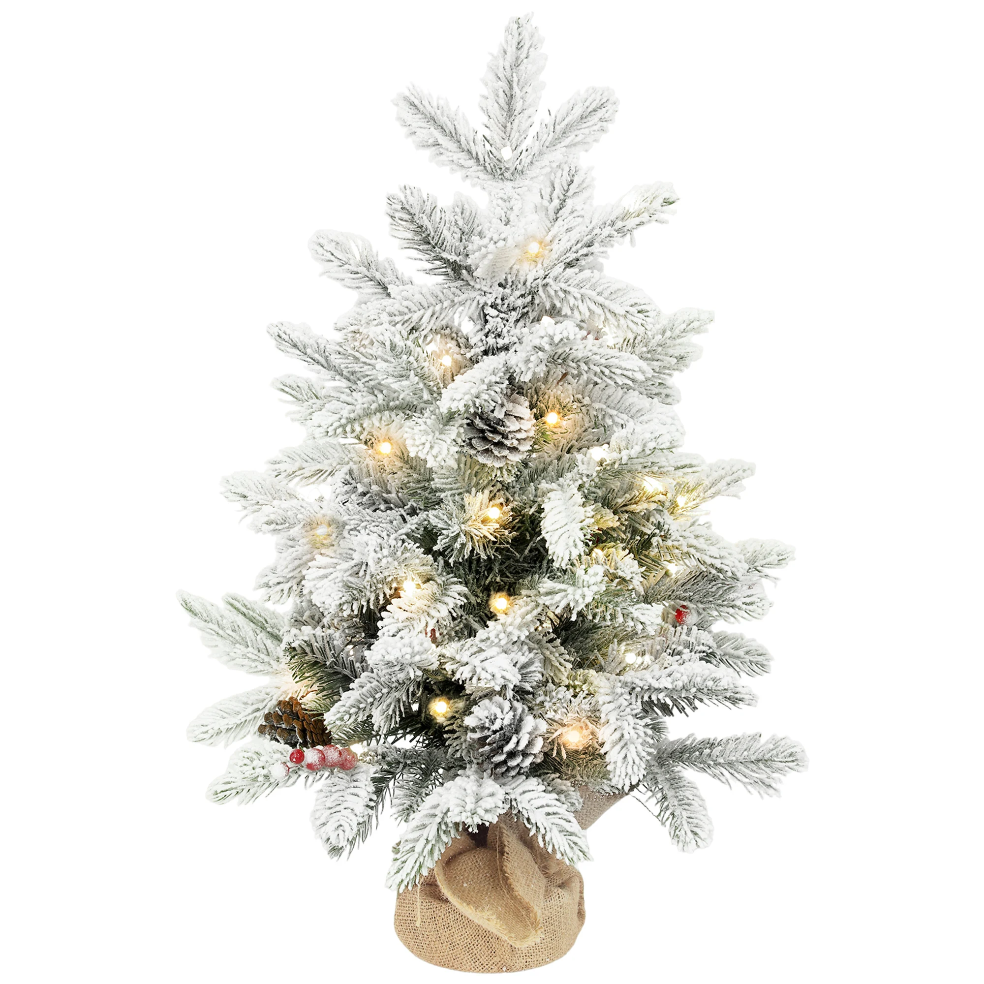 HOMCOM Árbol de Navidad con 35 Luces LED, 60 cm, Mini Árbol de Navidad Artificial con 182 Ramas Densas con Nieve, Piñas, Bayas y