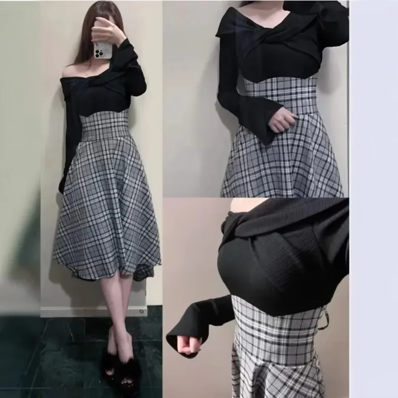 Japan Kink Off Shoulder Vestidos Fake Two Piece Women 2025 Vestido Spliced Plaid Dresses Long Sleeve Dress High Waist Clothing