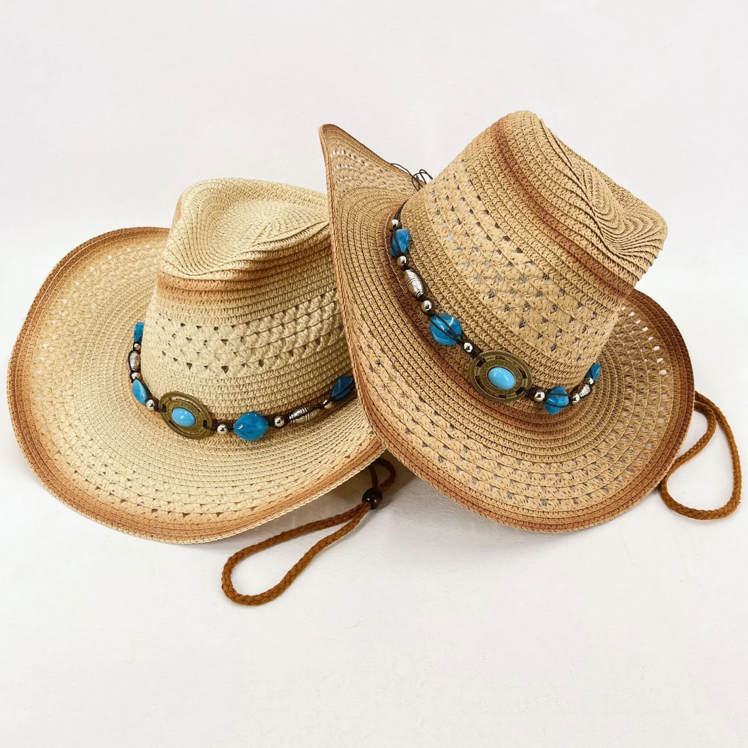 Bohemian Style Blue Turquoise Woven Hat with Panama Straw Cowboy Hat, Summer Breathable Uv Protection Wide-Brimmed Hat with Windproof Strap, Suitable for Outdoor Camping and Beach Photography