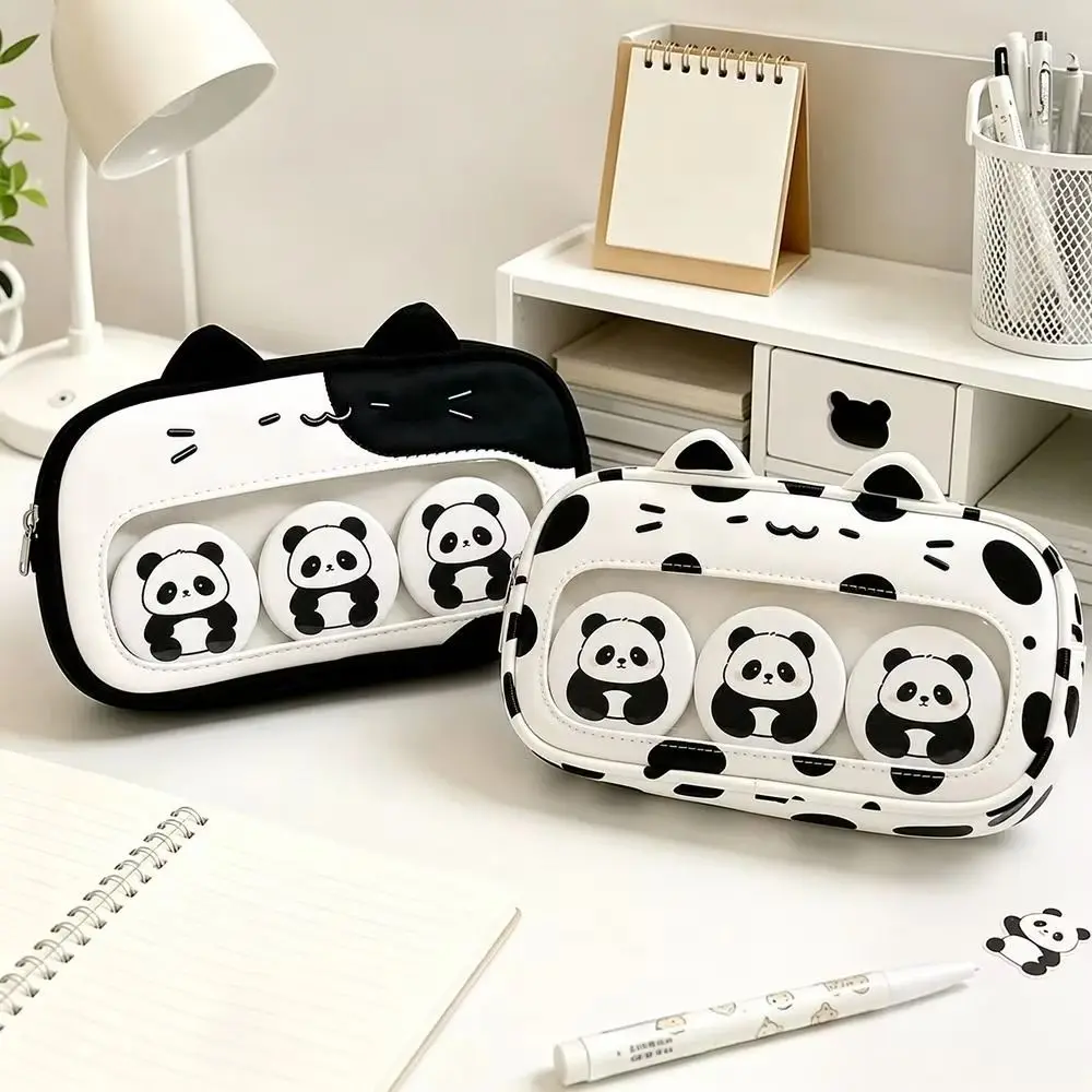 Large Capacity With Clear Window Pencil Case Sweet Cute Cat Ear Pencil Storage Bag Printed with Transparent Window