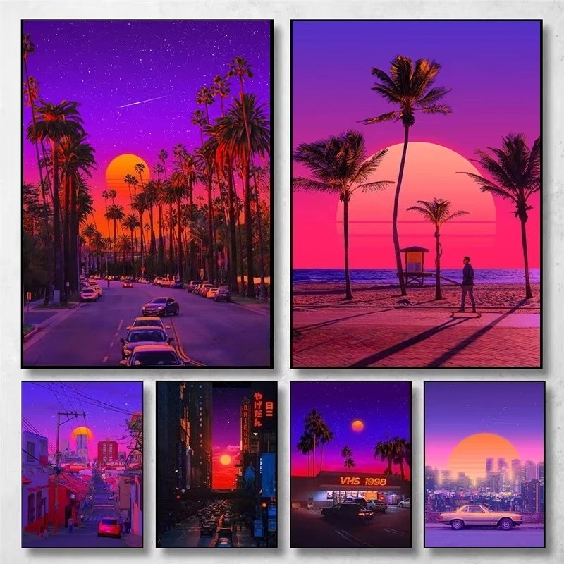 DIY Paint By Numbers Tropical Palm Seaside Scenery Canvas Art Kit Pink Orange Sunset Vintage Urban Street Home Decor Unframed
