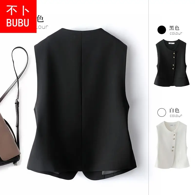 Round necked vest for women in autumn and winter, new top with waistband and slim fit, suit without sleeves, short style