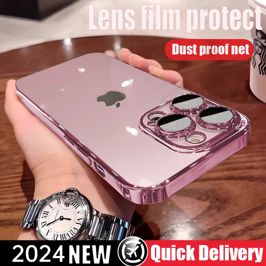 Luxury Official Pink Plating Clear Phone Case for iPhone 15 14 11 12 13 Pro Max Plus Full Lens Protection Soft Cover