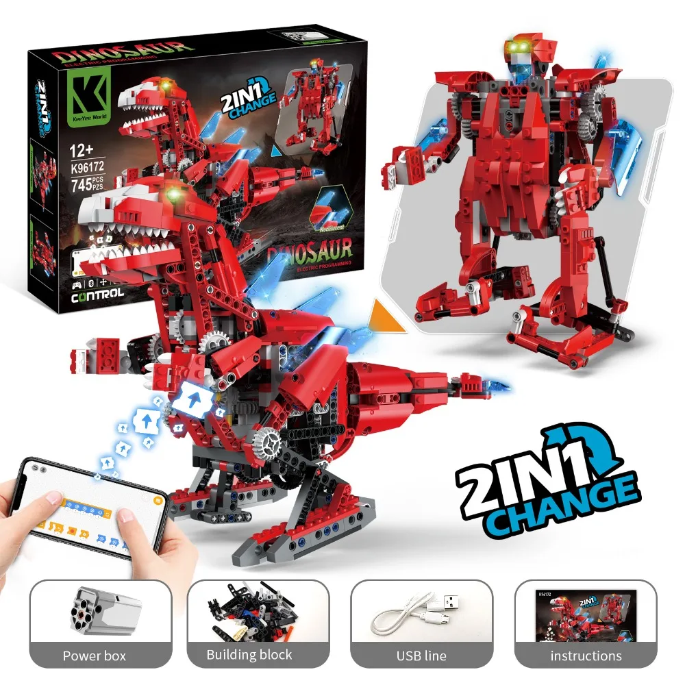 Jurassic 2 in 1 Tyrannosaurus Rex Technical Programme RC Robot Building Blocks APP Remote Control Deformed Bricks Toys Kids Gift