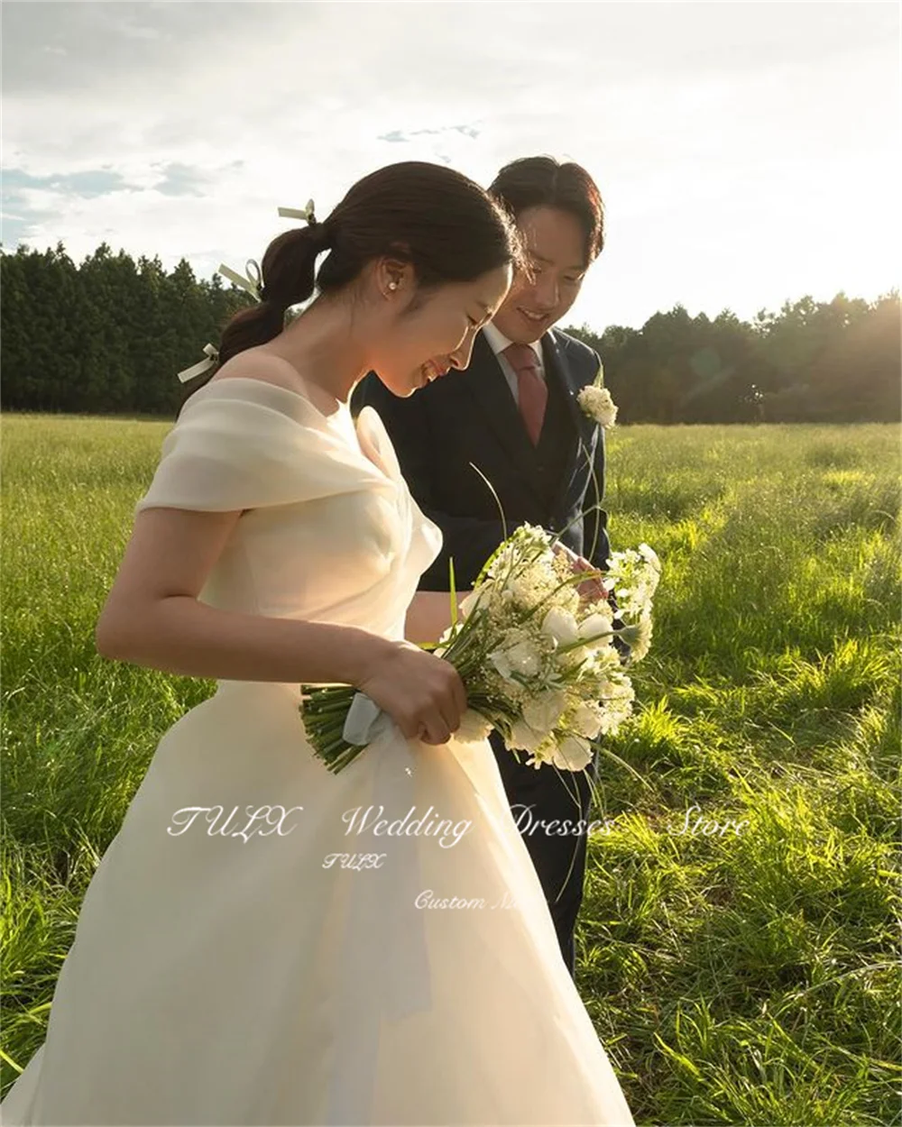 TULX ง่ายปิดไหล่ชุดแต่งงานเกาหลีถ่ายภาพ A-Line ยาวซาติน Tulle Elegant ชุดเจ้าสาว Custom Made