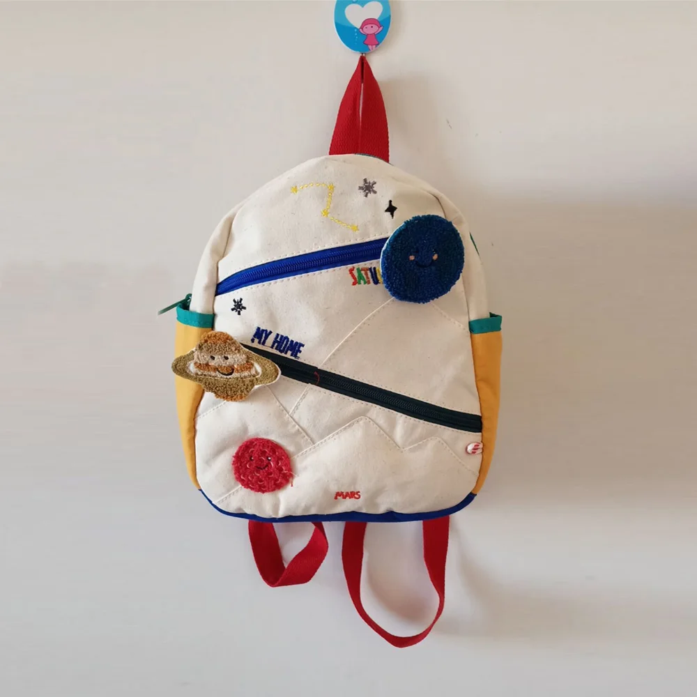 Crianças mochilas costura lona de algodão terra estrela bola bordado mochilas nova cor bonito correspondência casual pequena mochila