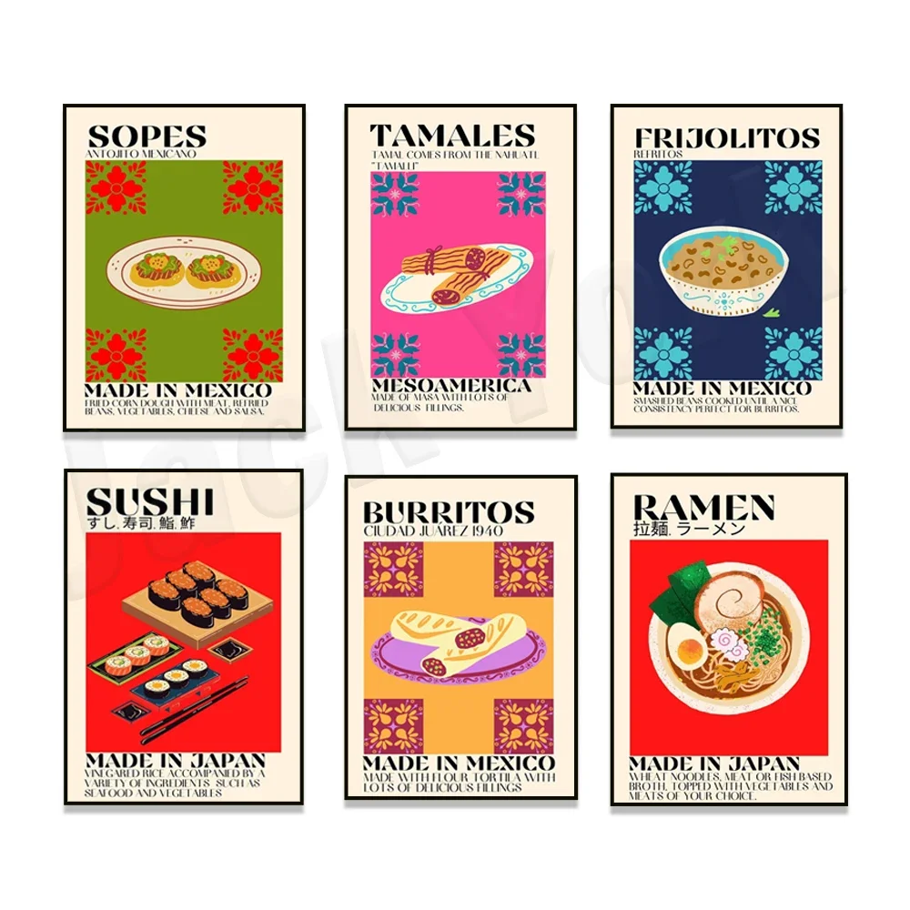 Fideos japoneses Sushi, Tamales, Tacos, Frijoles, Burritos, Comida mexicana, Citas, Arte alimentario, carteles de decoración del hogar de cocina