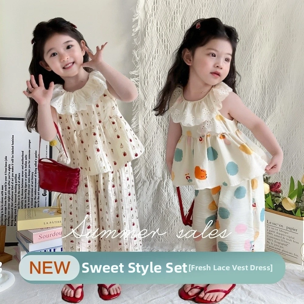 Korean Style With Floral Print Tops and Pants 2 Piece Set Thin Casual Outfit Sleeveless Lace Collar Children Suit Princess
