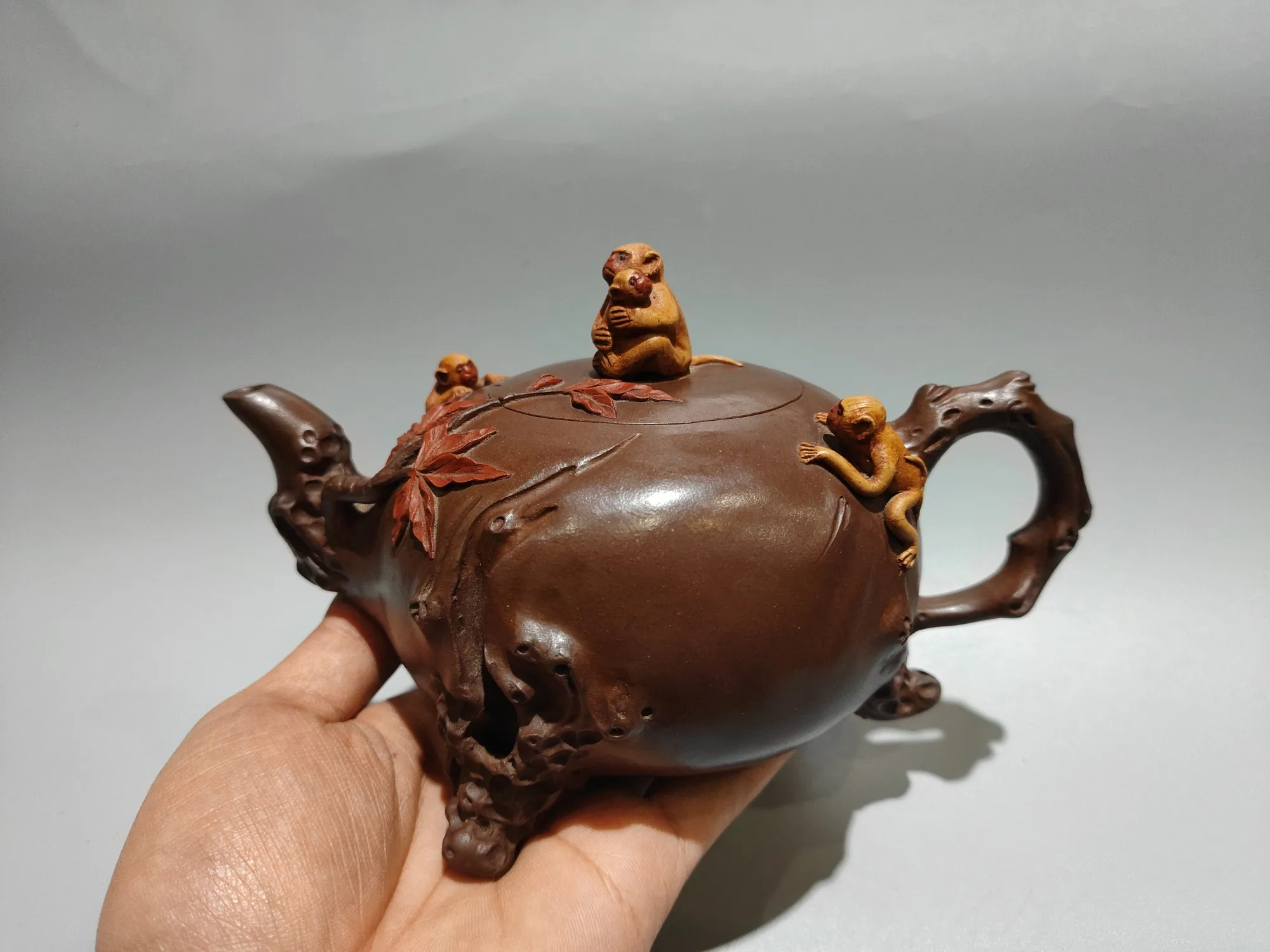 Purple Clay Pot Three Monkey Statue Cover Maple Leaf Pattern Tree root texture Three legged pot Kettle Teapot  Pot Tea