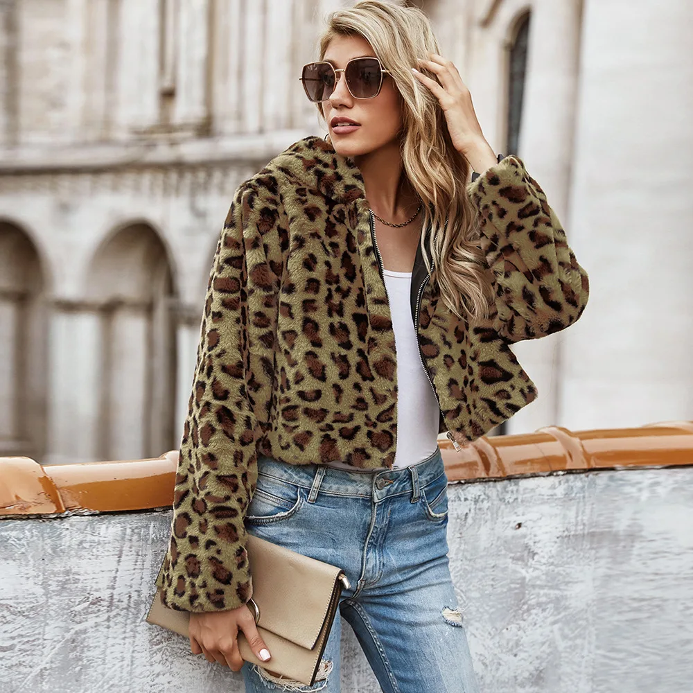 Damskie zimowe topy płaszcz sztuczne futro kaptur gorset panterka vintage wygodny casualowy design modny miękki niszowy uniwersalny obcisły