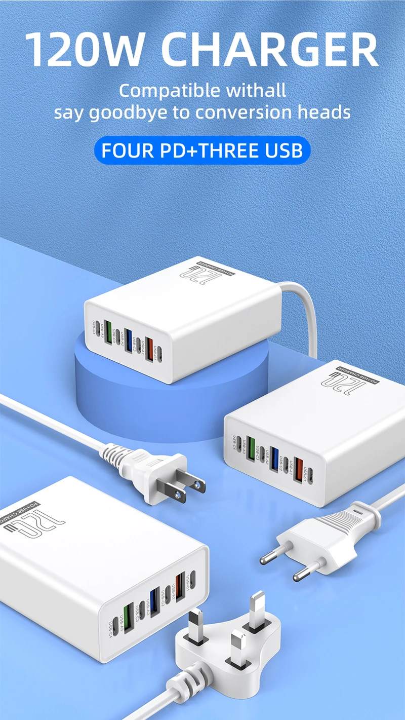 120W Ladeadapter 7 Anschlüsse 3USB+4PD Schnellladegerät 5V4A US/EU/UK Standard-Ladegerät für Mobiltelefone 2026 – Detail 4