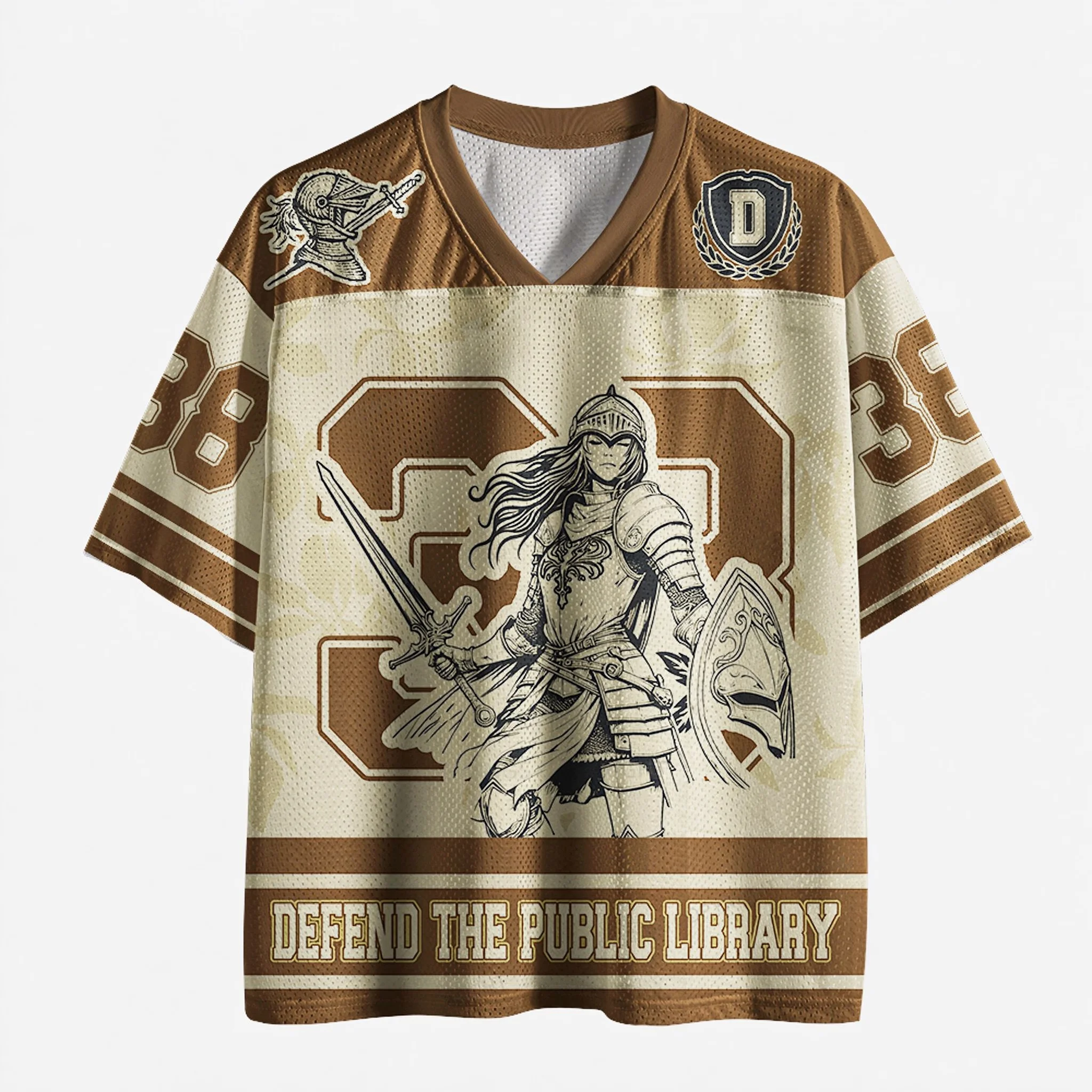 Defend The Public Library Female Knight Print V Neck Mesh Jersey, Sword Shield Warrior Number Graphic Short Sleeve Shirt
