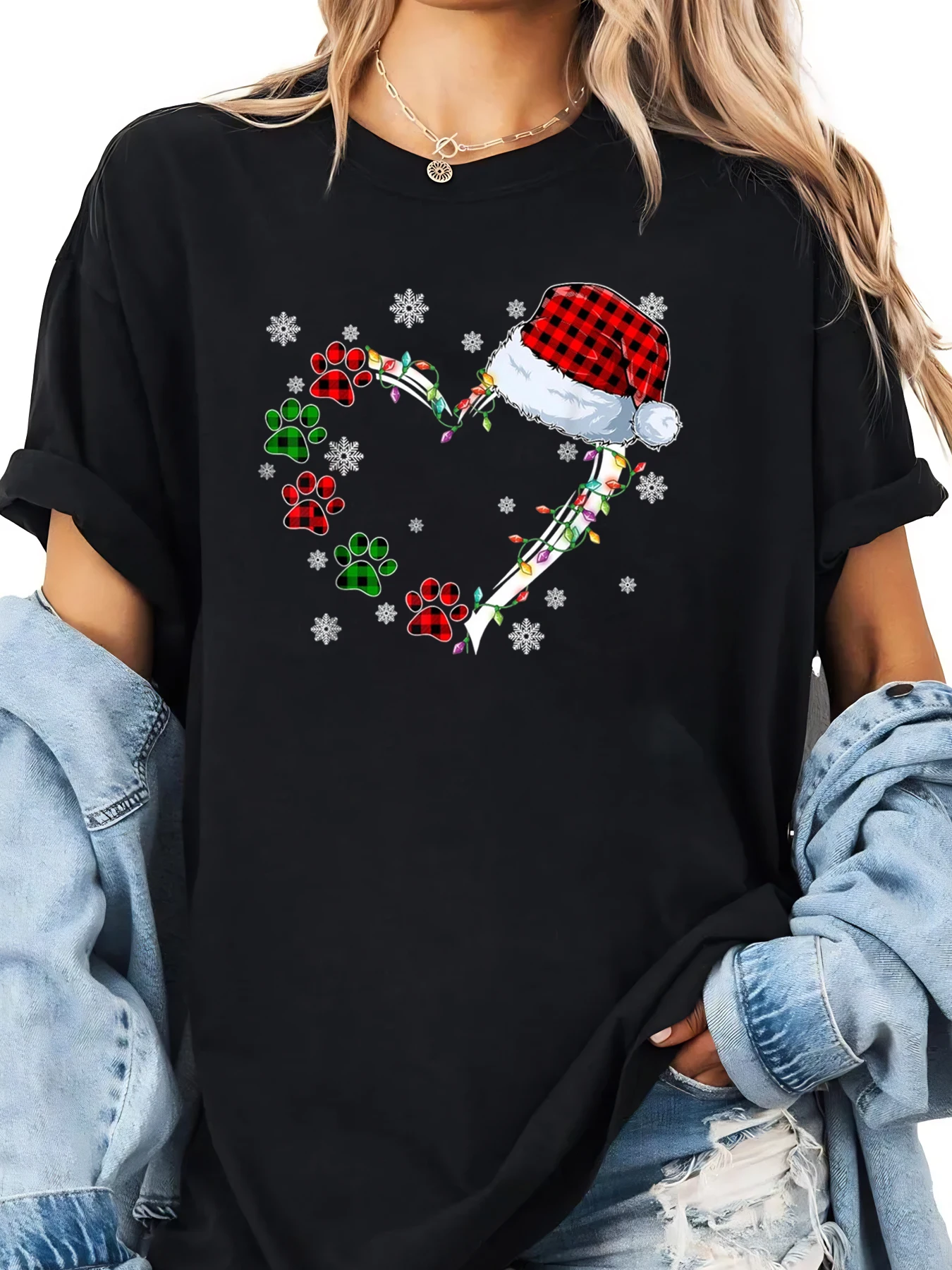Weihnachten Pfotenabdruck Herz Weihnachtsmütze T-Shirt Damen Urlaub Freizeitkleidung Schwarz Plus-Size