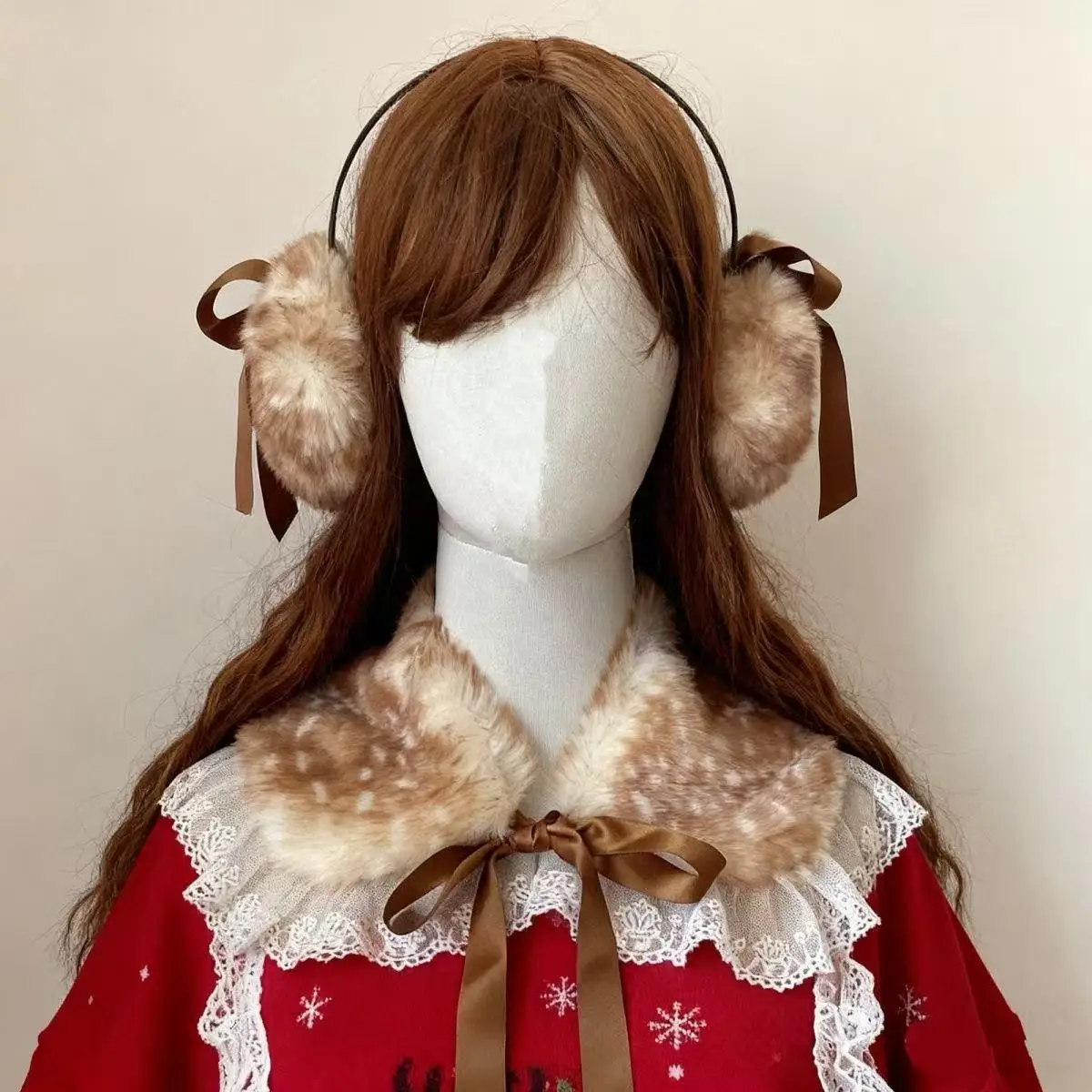 عيد الميلاد لوليتا لطيف الأيائل الدانتيل حافة وهمية طوق اليابانية Kawaii تأثيري الغزلان الوشم اكسسوارات الغزلان الرقبة مريلة هيرباند قبعة