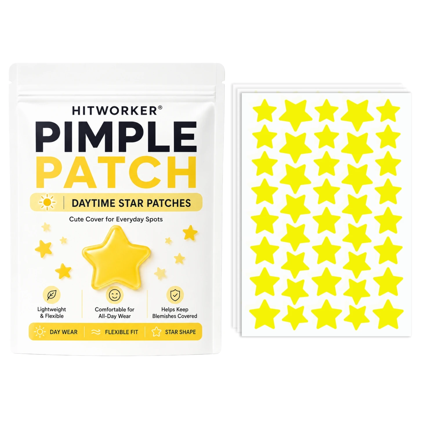 120Pcs Yellow Star-Shaped Pimple Patches, 3 Sheets in 2 Sizes, Pre-Cut Decorative Blemish Cover Patches for Daytime Use