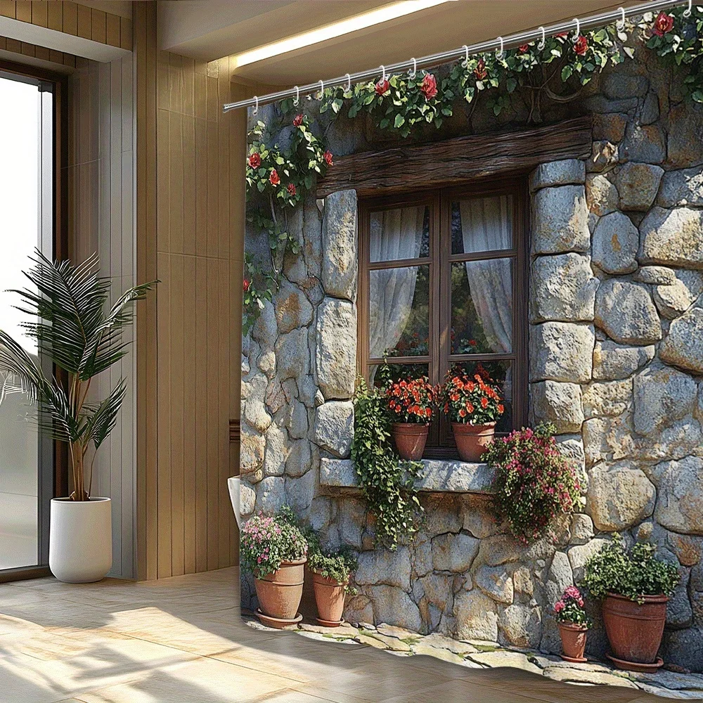 1pc Stone Wall with Flowers Shower Curtain - Sunlit Countryside Style Polyester Fabric, White Lace Curtains, Red & Orange Flower