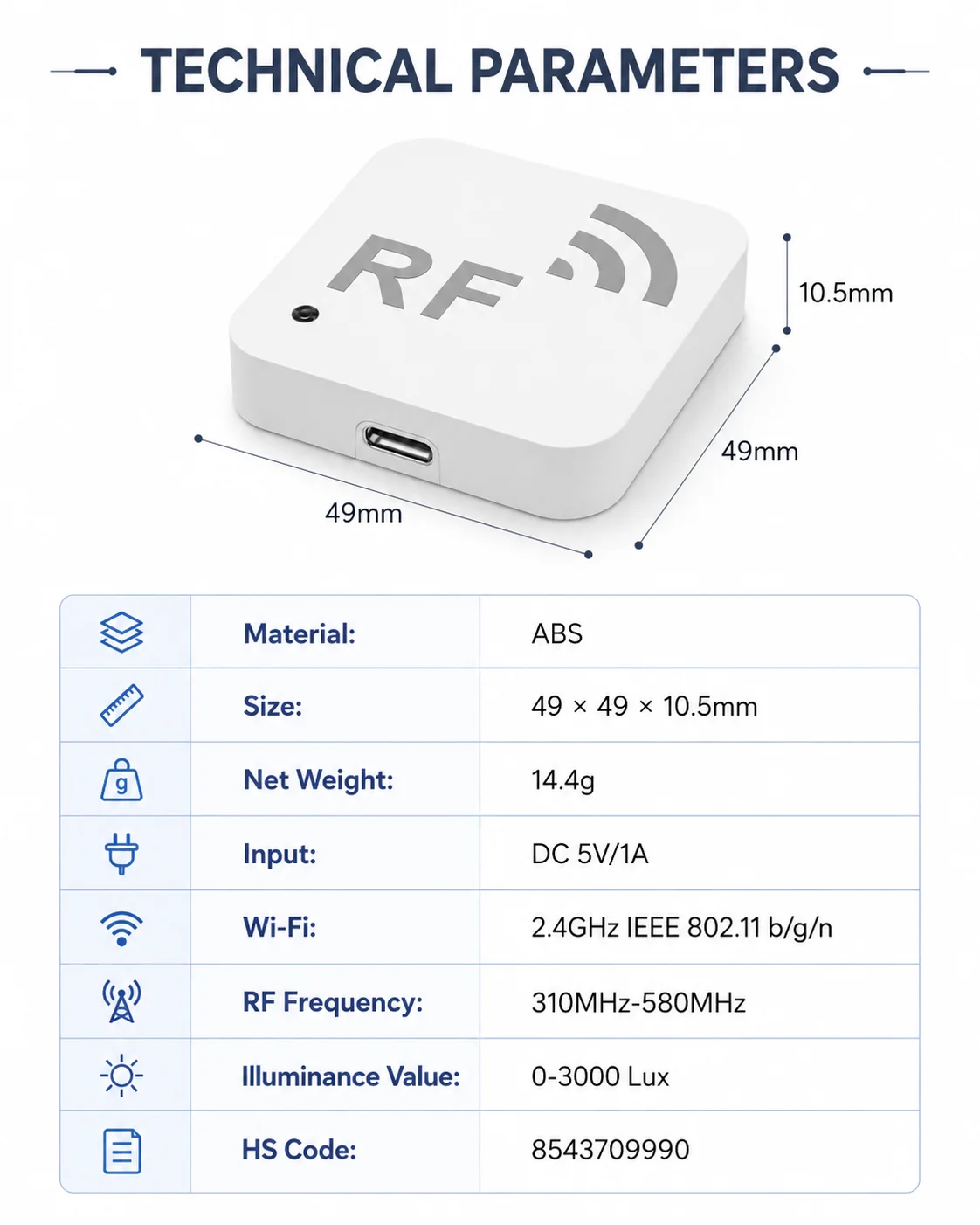 Inteligentny, bezprzewodowy pilot do sterowania drzwiami garażowymi, działający w sieci Wi-Fi i na częstotliwości radiowej, z czujnikiem światła, zasilany przez port USB typu C (5 V), przeznaczony do alarmów, zasłon i bram. — zdjęcie produktu 6