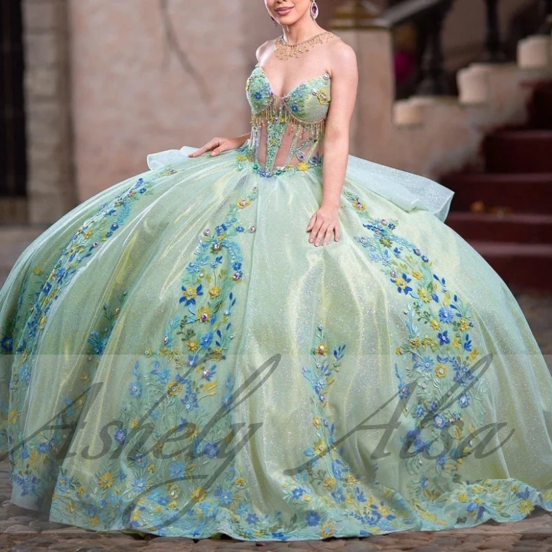 Vestido verde personalizado para mujer, traje De fiesta con hombros descubiertos, encaje De ilusión, para quinceañera, 15 Años, 16 Años