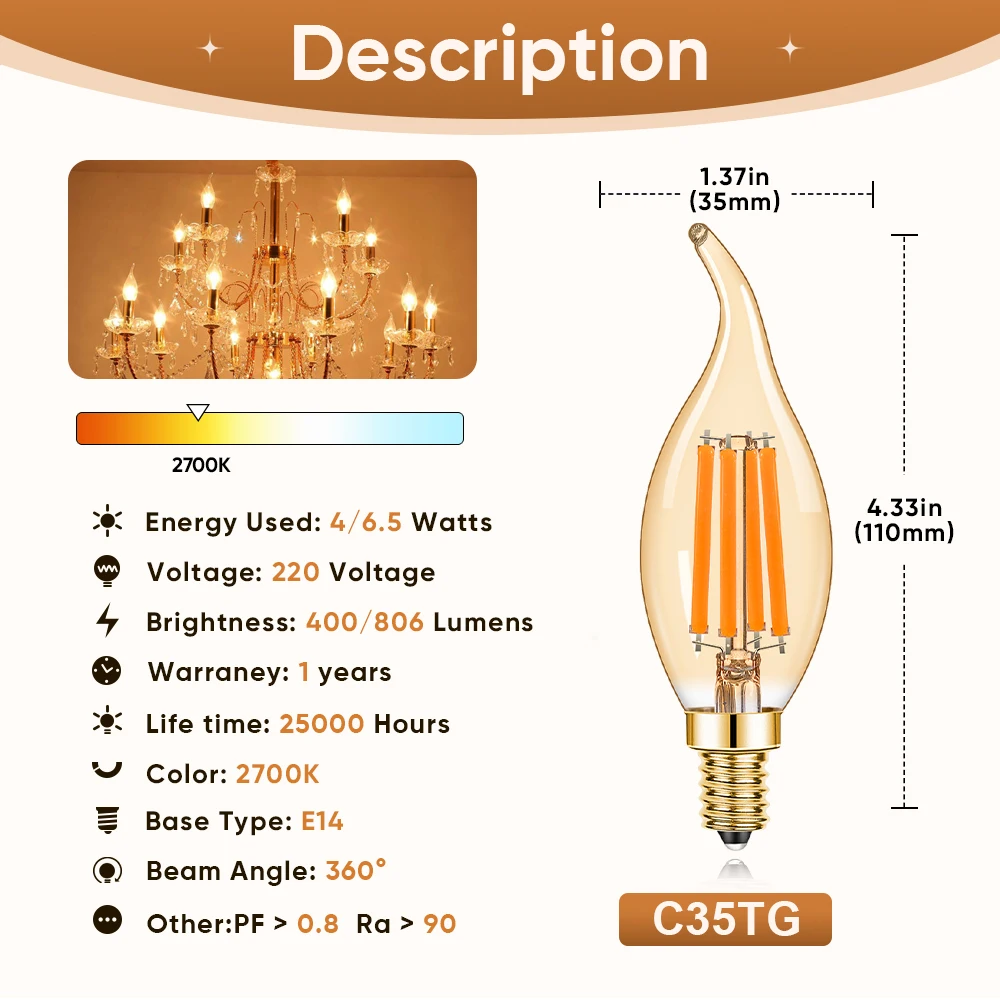 Светодиодная лампа с нитью накаливания Flame C35, E14, 220 В, 4 Вт, 6,5 Вт, яркий люмен, люстра теплого белого и янтарного цвета, сменная свеча, винтажное украшение