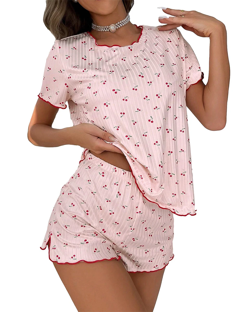 Women Soft 2 Piece Pajama Set Cherry Print Cute Frill Short Sleeve Tops Elastic Waist Short Outfits Homewear Loungewear