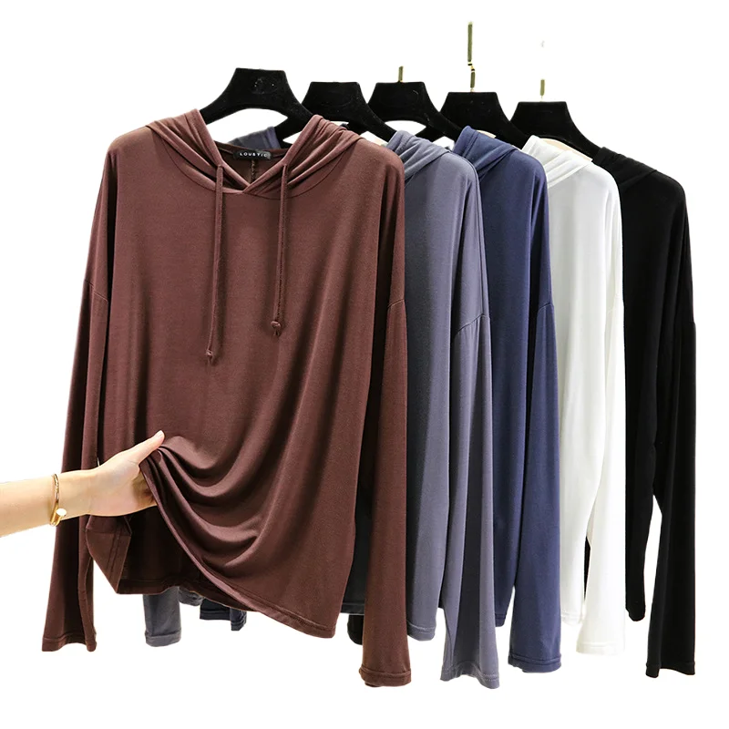 

Modal Long Sleeved T-shirt Women's Spring Autumn Solid Hooded Sweatshirt Loose Oversized Versatile Thin Top
