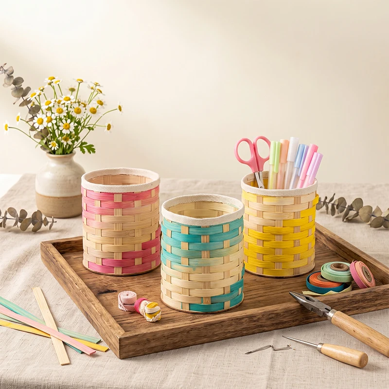 DIY Bamboo Weaving Pen Holder Material Kit Handmade Desktop Stationery Storage Bucket Craft Supplies for Gift Home Office Decor