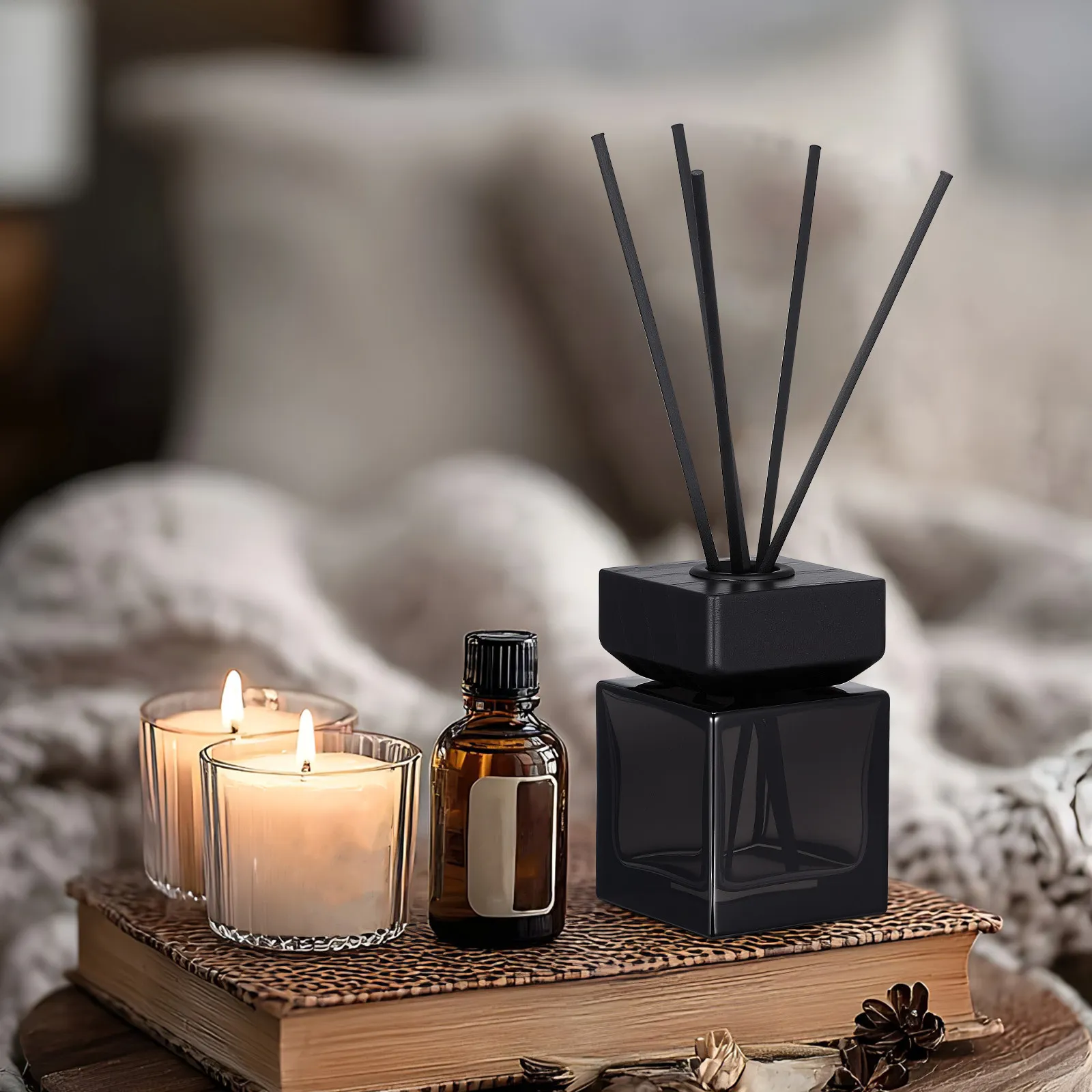 1Set Empty Aroma Diffuser Bottle Rattan Wood Lid Fire-Free Aromatherapy Glass Kit 100Ml Stylish Home Office Aromatherapy