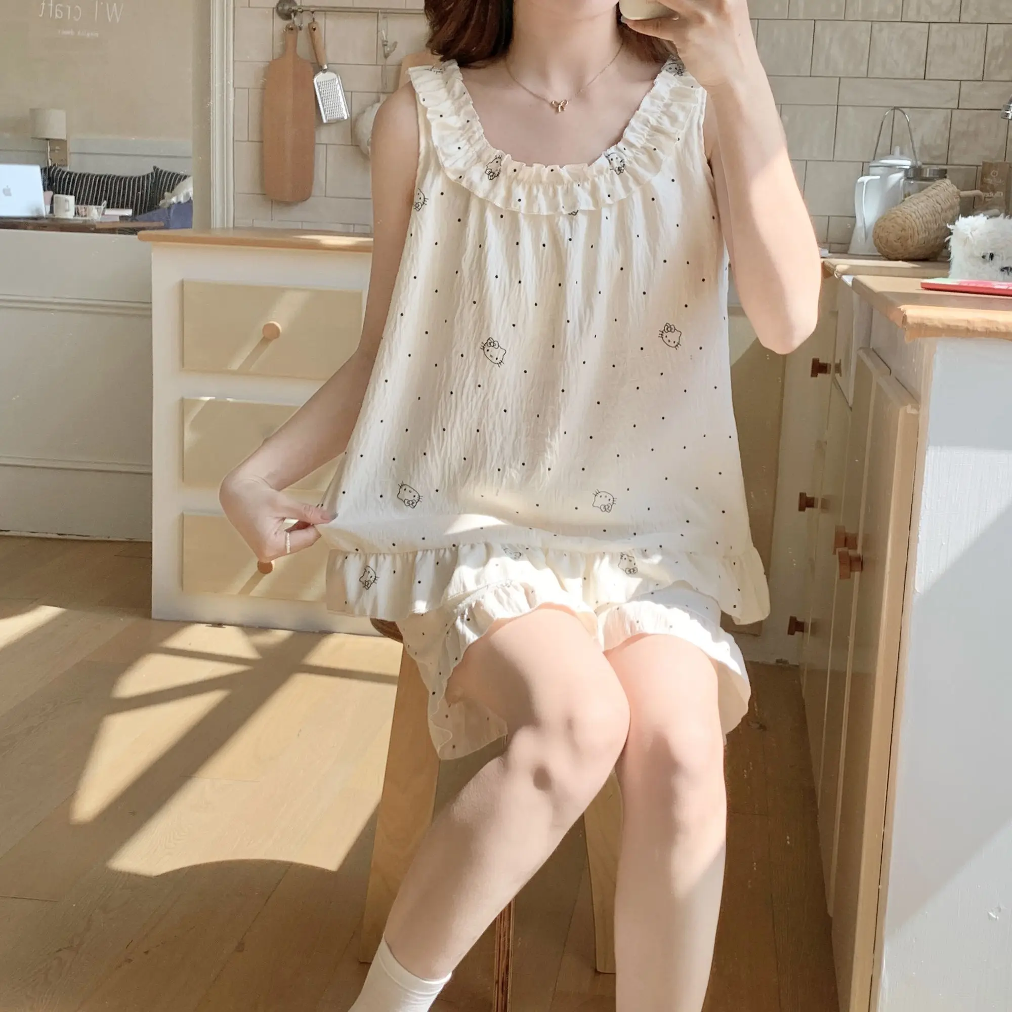 

Хлопковая пижама Sanrio Hello Kitty для женщин, шорты, пижама на бретелях, ночная сорочка, милая мультяшная пижама, летняя домашняя одежда